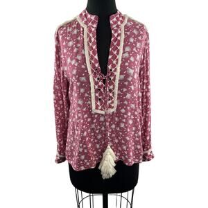 Poupette St Barth Pink White Top Printed Split-Neck Lace-Up Tassel Size Medium M